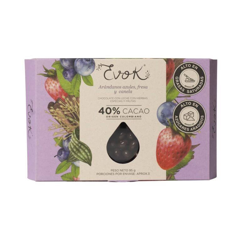 Arándano azul recubierto con chocolate, fresa y canela EVOK